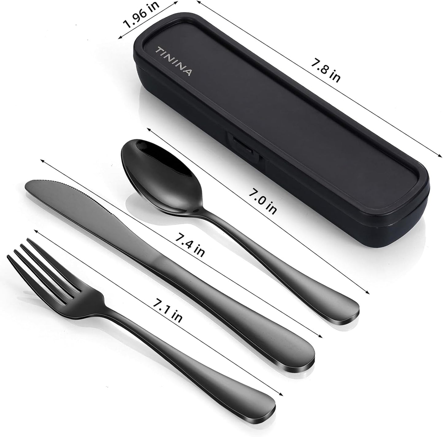 Stainless Steel Travel Cutlery Set with Case - 4-Piece Portable Utensils for Camping and Work - Fork Spoon Knife Included - Dishwasher Safe - Black