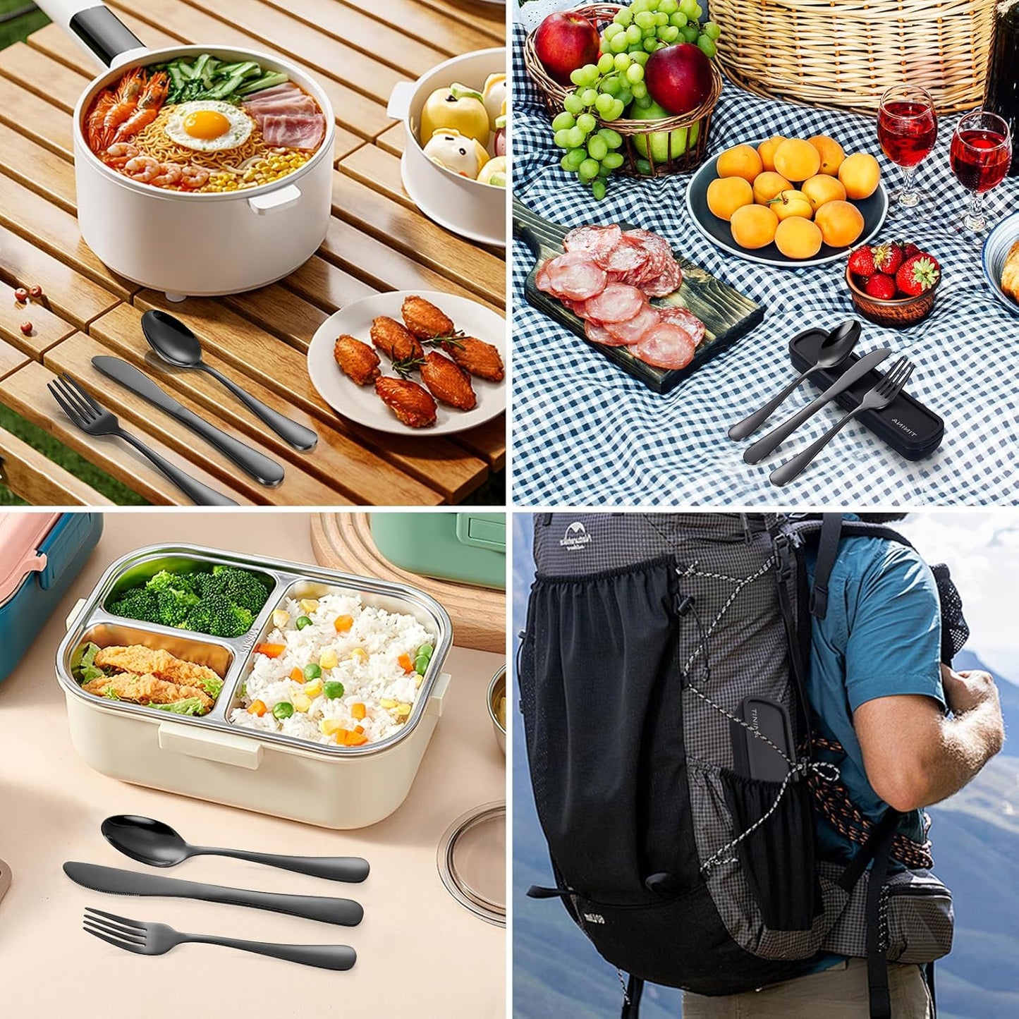 Stainless Steel Travel Cutlery Set with Case - 4-Piece Portable Utensils for Camping and Work - Fork Spoon Knife Included - Dishwasher Safe - Black