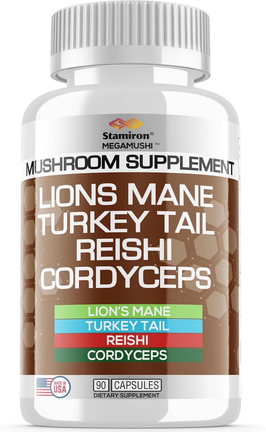Stamiron Lions Mane, Turkey Tail, Cordyceps, and Reishi Mushroom Capsules - 90 Count