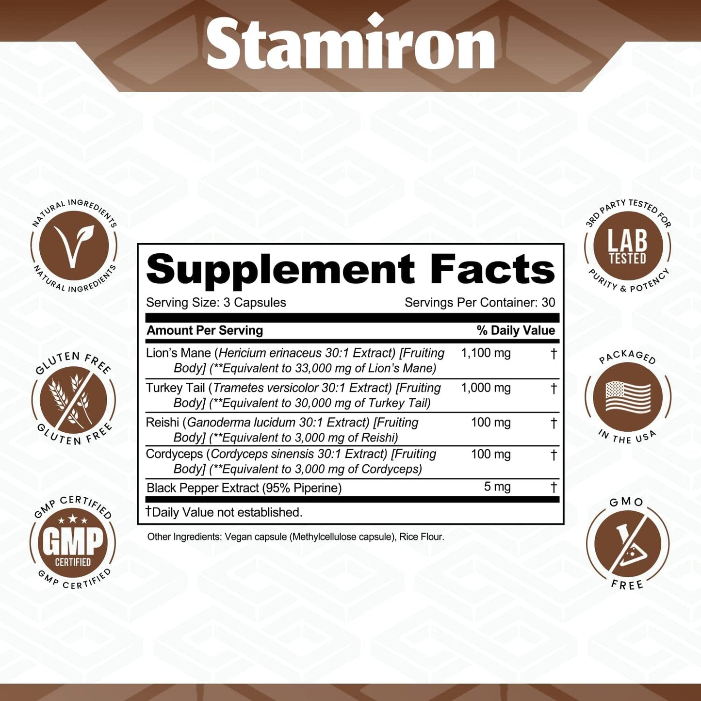 Stamiron Lions Mane, Turkey Tail, Cordyceps, and Reishi Mushroom Capsules - 90 Count