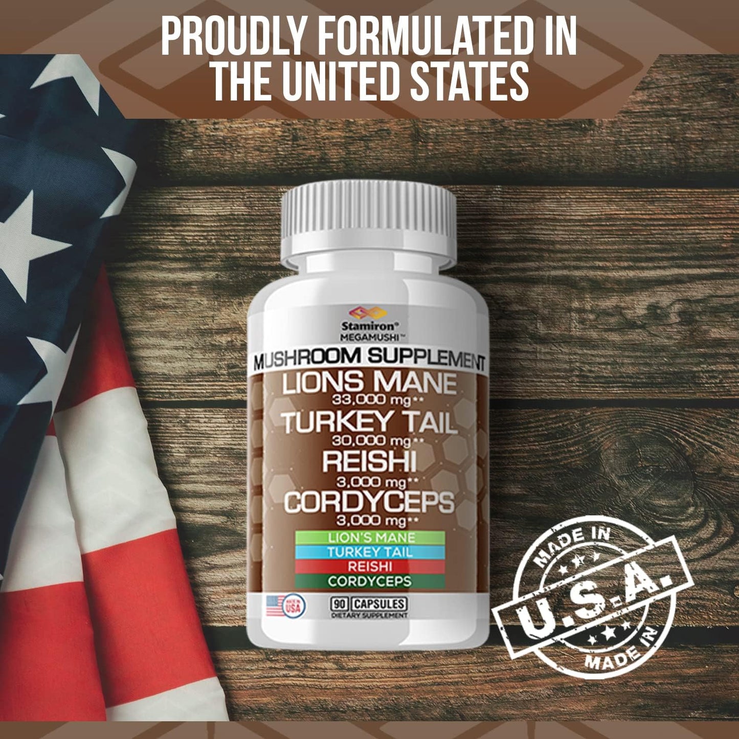 Stamiron Lions Mane, Turkey Tail, Cordyceps, and Reishi Mushroom Capsules - 90 Count