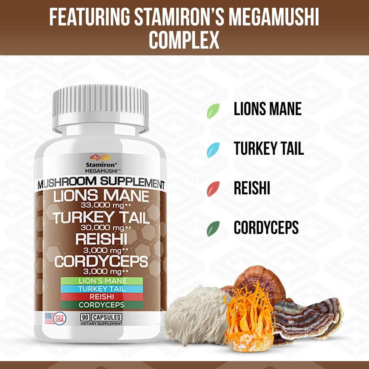 Stamiron Lions Mane, Turkey Tail, Cordyceps, and Reishi Mushroom Capsules - 90 Count
