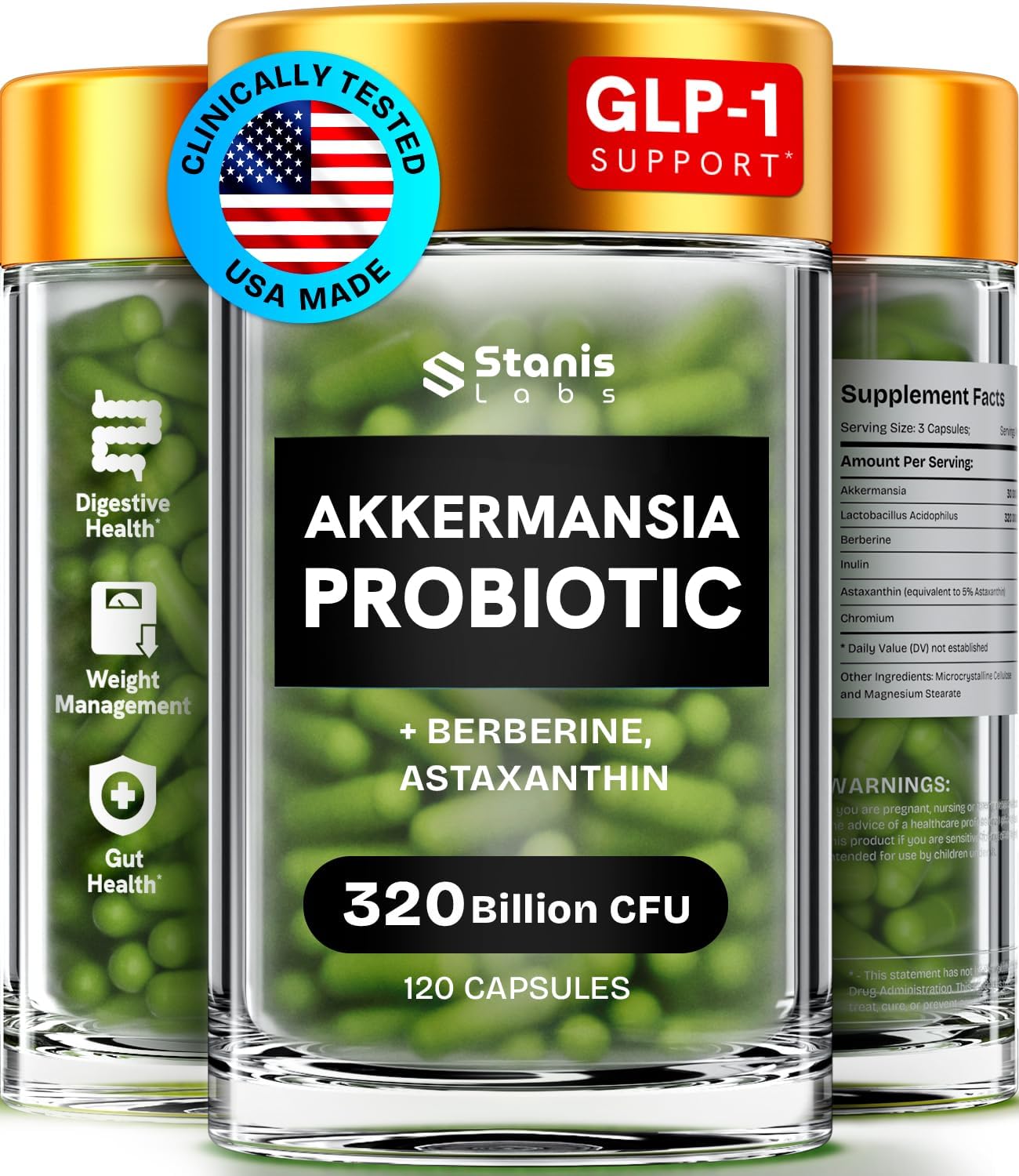 Stanis Labs Akkermansia Muciniphila Probiotics 320 Billion CFU with GLP-1, Prebiotic Fiber, Astaxanthin, Berberine, and Chromium - 120 Capsules for Gut Health