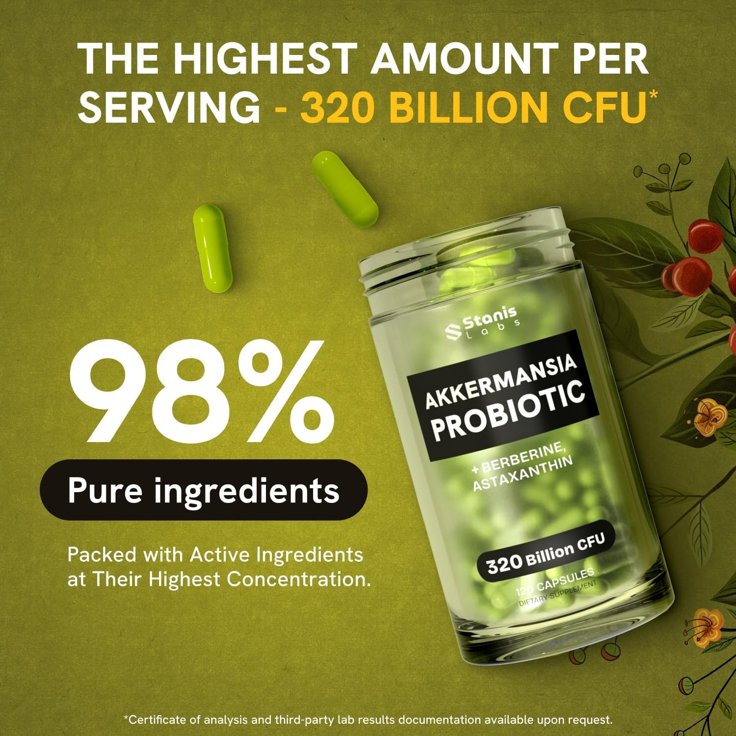 Stanis Labs Akkermansia Muciniphila Probiotics 320 Billion CFU with GLP-1, Prebiotic Fiber, Astaxanthin, Berberine, and Chromium - 120 Capsules for Gut Health