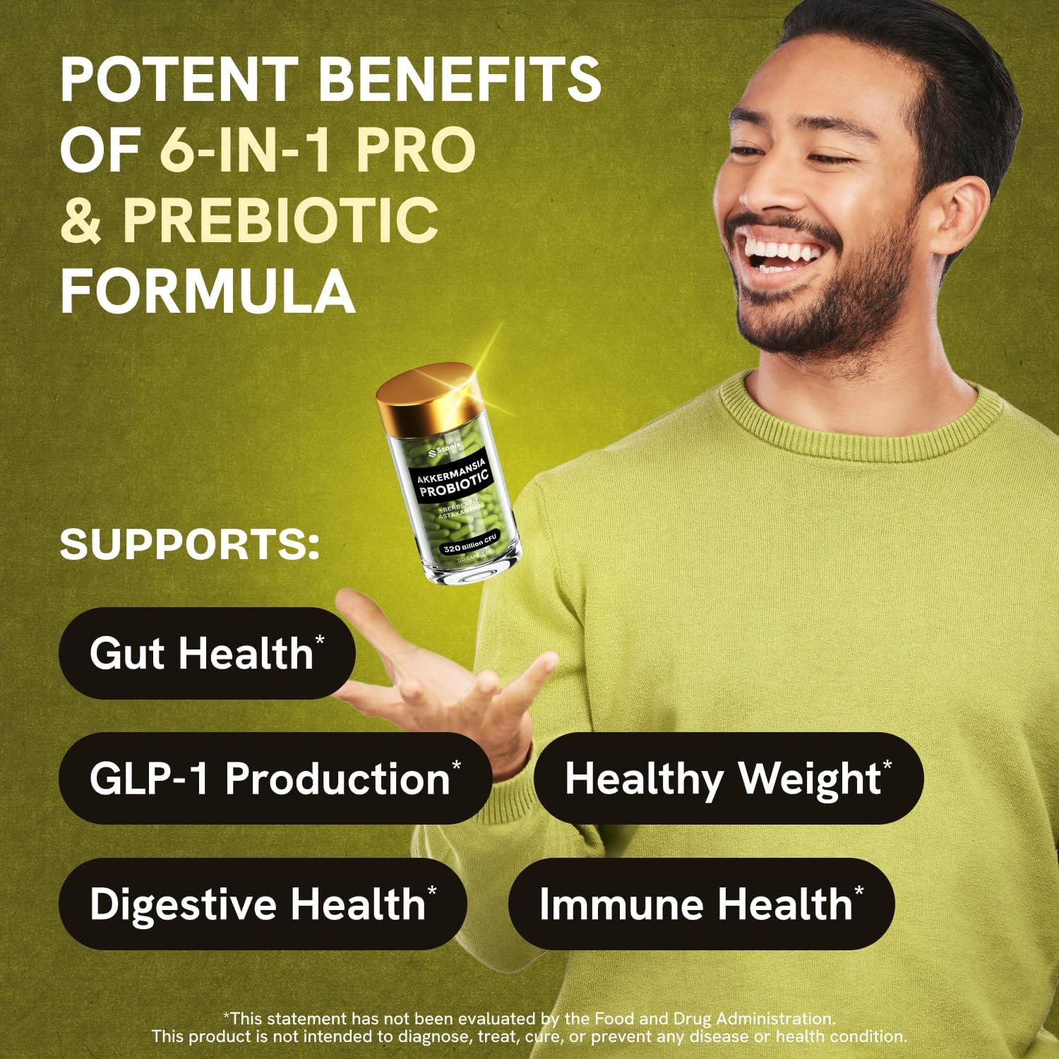 Stanis Labs Akkermansia Muciniphila Probiotics 320 Billion CFU with GLP-1, Prebiotic Fiber, Astaxanthin, Berberine, and Chromium - 120 Capsules for Gut Health