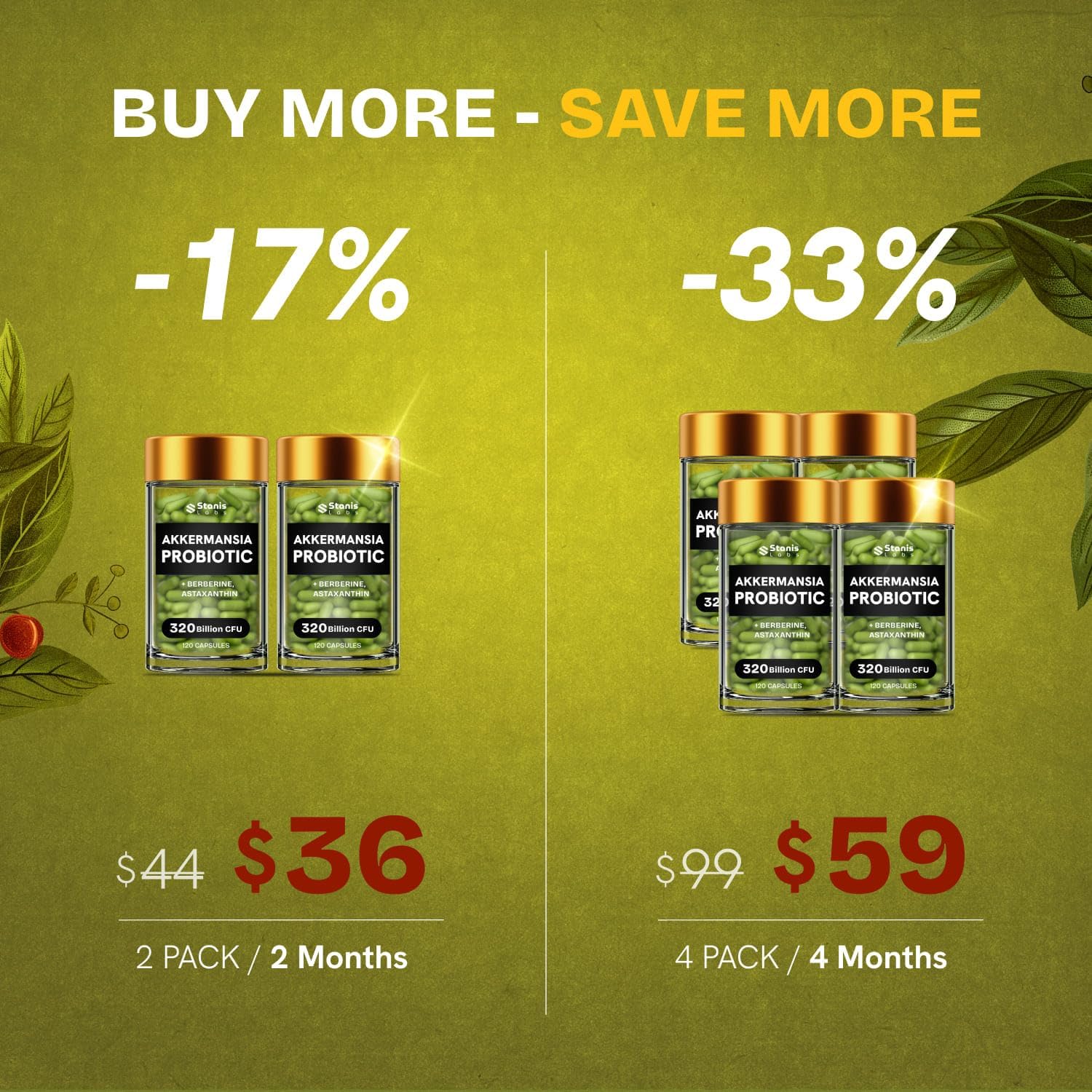 Stanis Labs Akkermansia Muciniphila Probiotics 320 Billion CFU with GLP-1, Prebiotic Fiber, Astaxanthin, Berberine, and Chromium - 120 Capsules for Gut Health