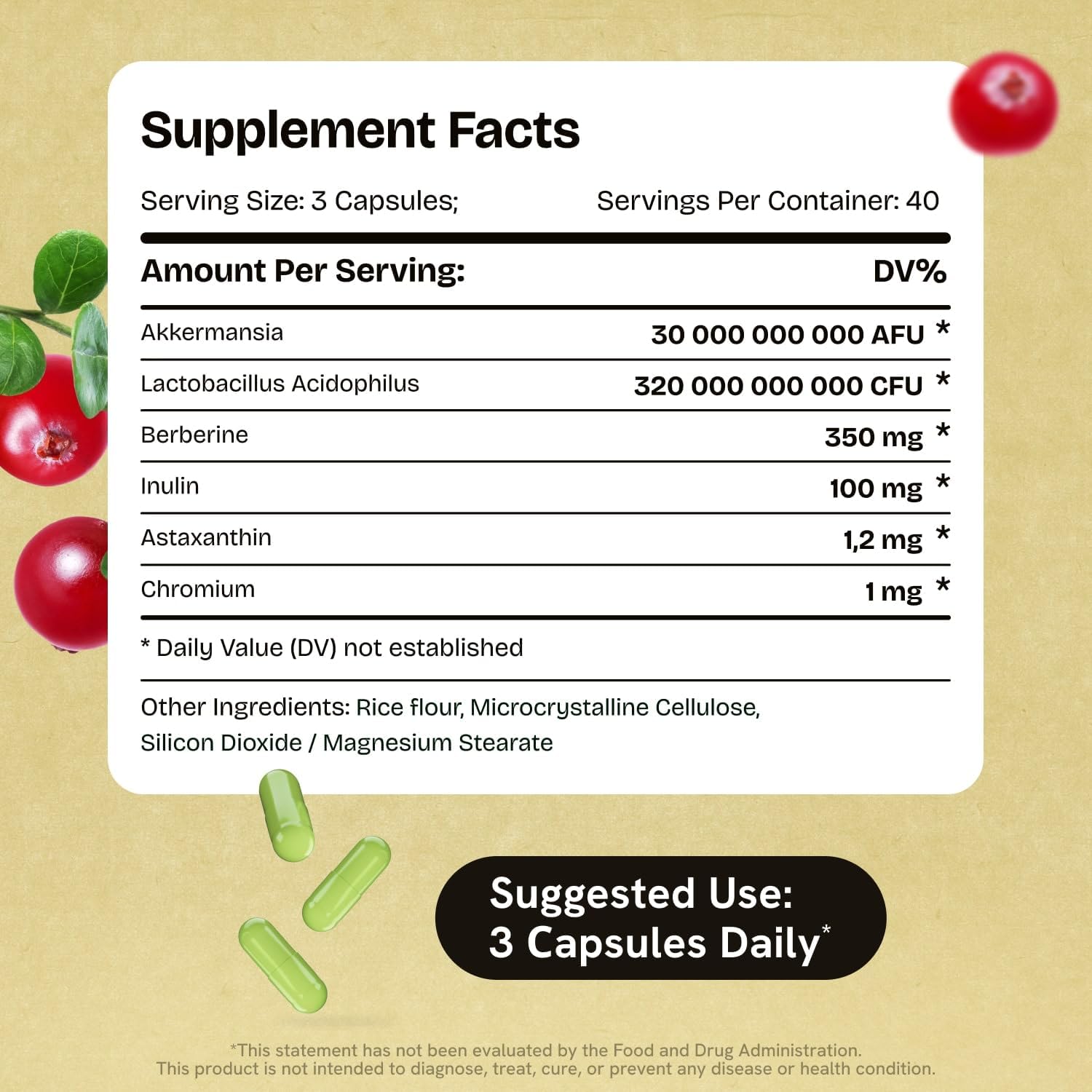 Stanis Labs Akkermansia Muciniphila Probiotics 320 Billion CFU with GLP-1, Prebiotic Fiber, Astaxanthin, Berberine, and Chromium - 120 Capsules for Gut Health