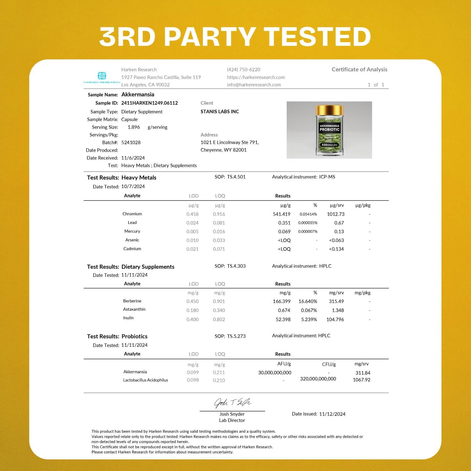 Stanis Labs Akkermansia Muciniphila Probiotics 320 Billion CFU with GLP-1, Prebiotic Fiber, Astaxanthin, Berberine, and Chromium - 120 Capsules for Gut Health