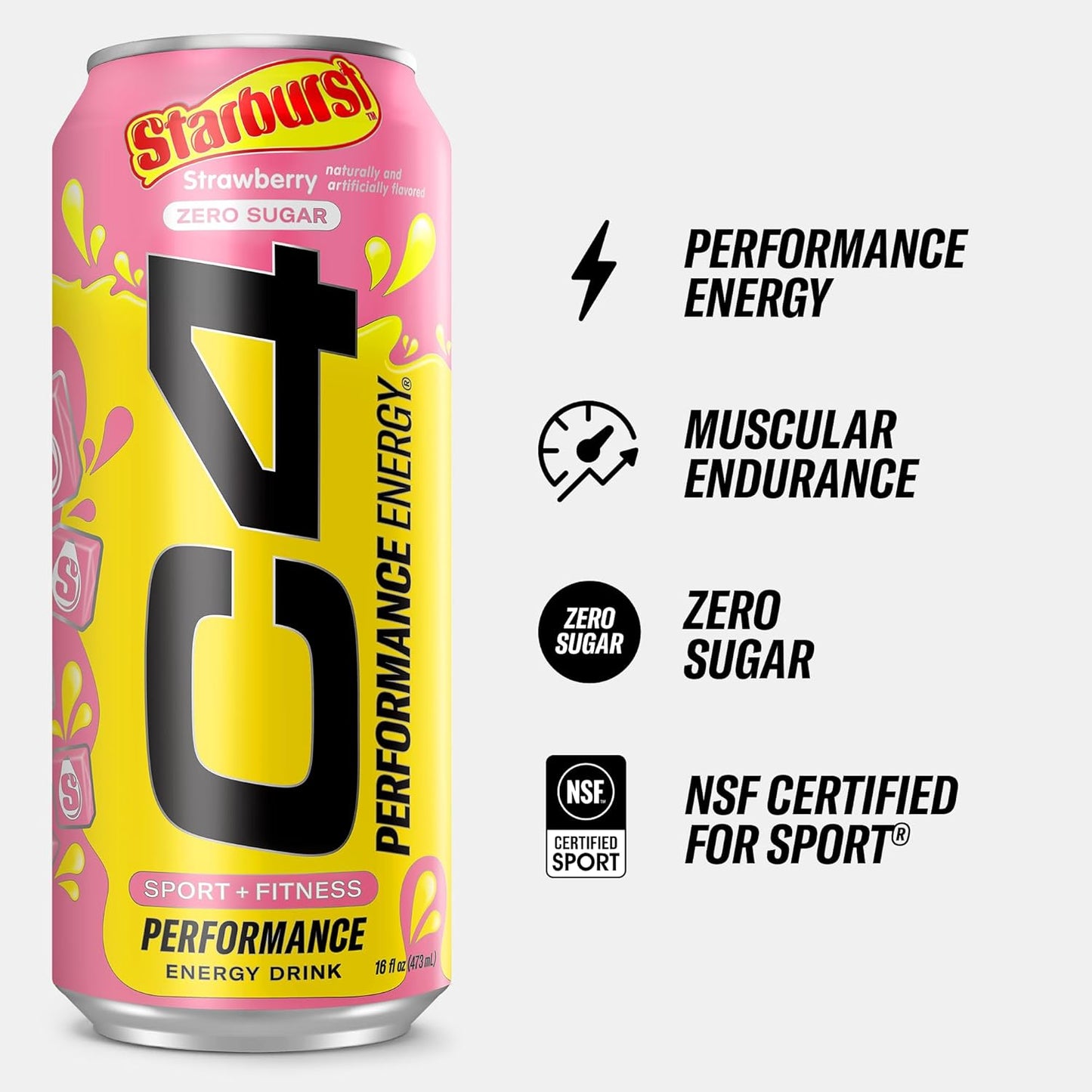STARBURST Strawberry Cellucor C4 Performance Energy Drink - 200mg Caffeine, Zero Sugar, 12 Pack