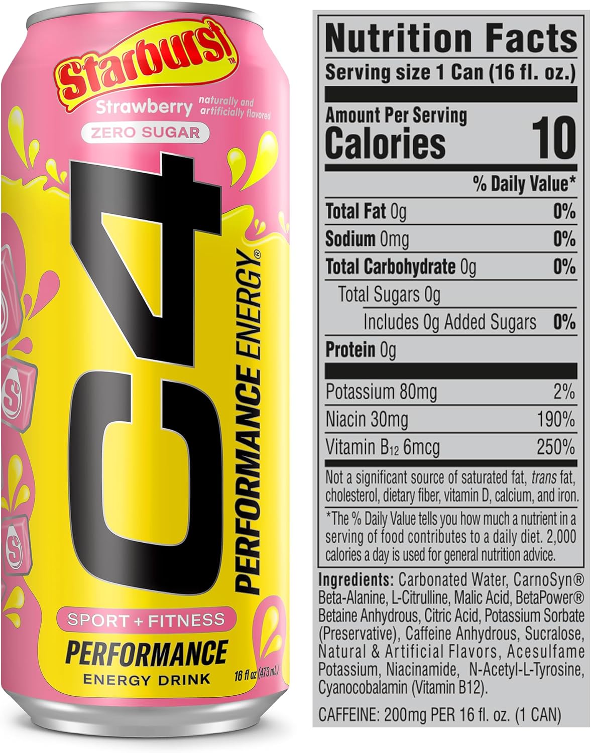 STARBURST Strawberry Cellucor C4 Performance Energy Drink - 200mg Caffeine, Zero Sugar, 12 Pack