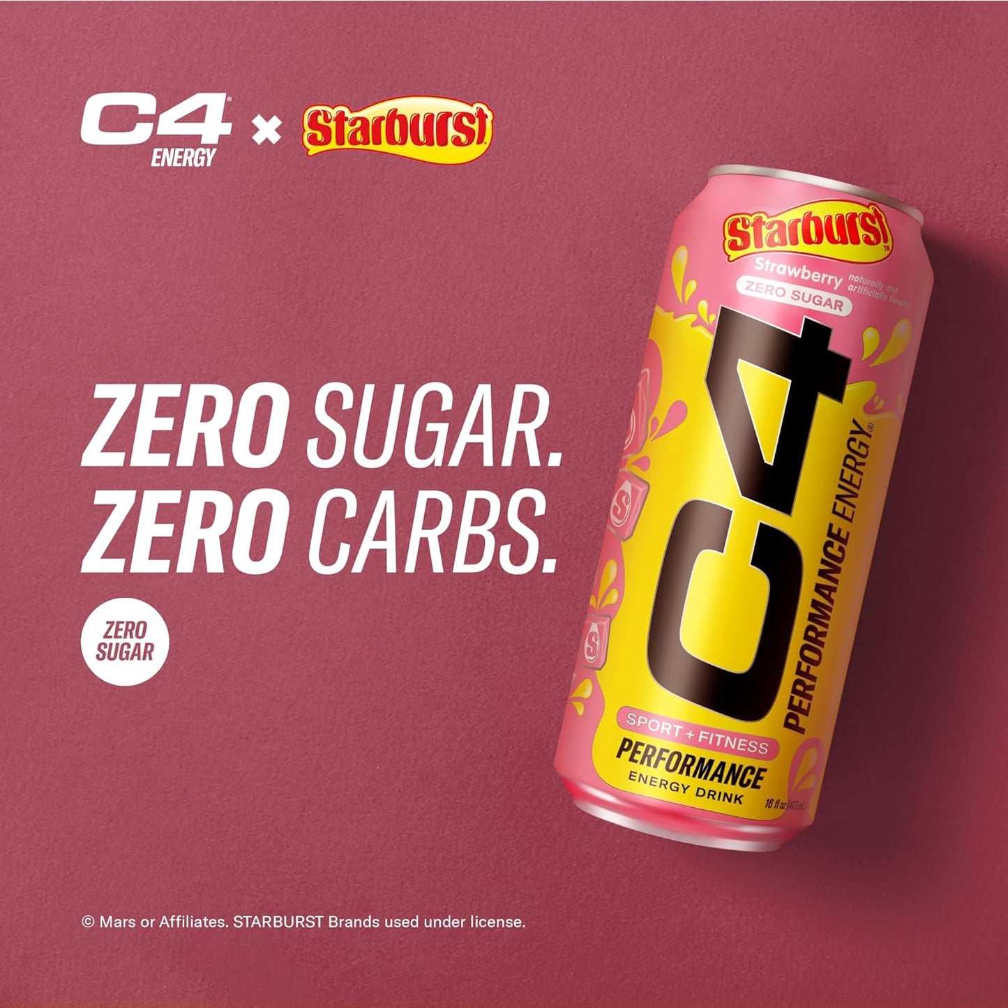 STARBURST Strawberry Cellucor C4 Performance Energy Drink - 200mg Caffeine, Zero Sugar, 12 Pack