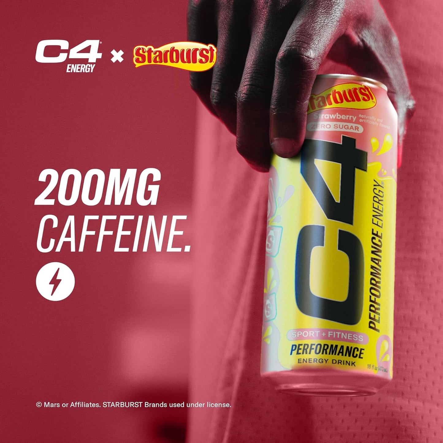 STARBURST Strawberry Cellucor C4 Performance Energy Drink - 200mg Caffeine, Zero Sugar, 12 Pack