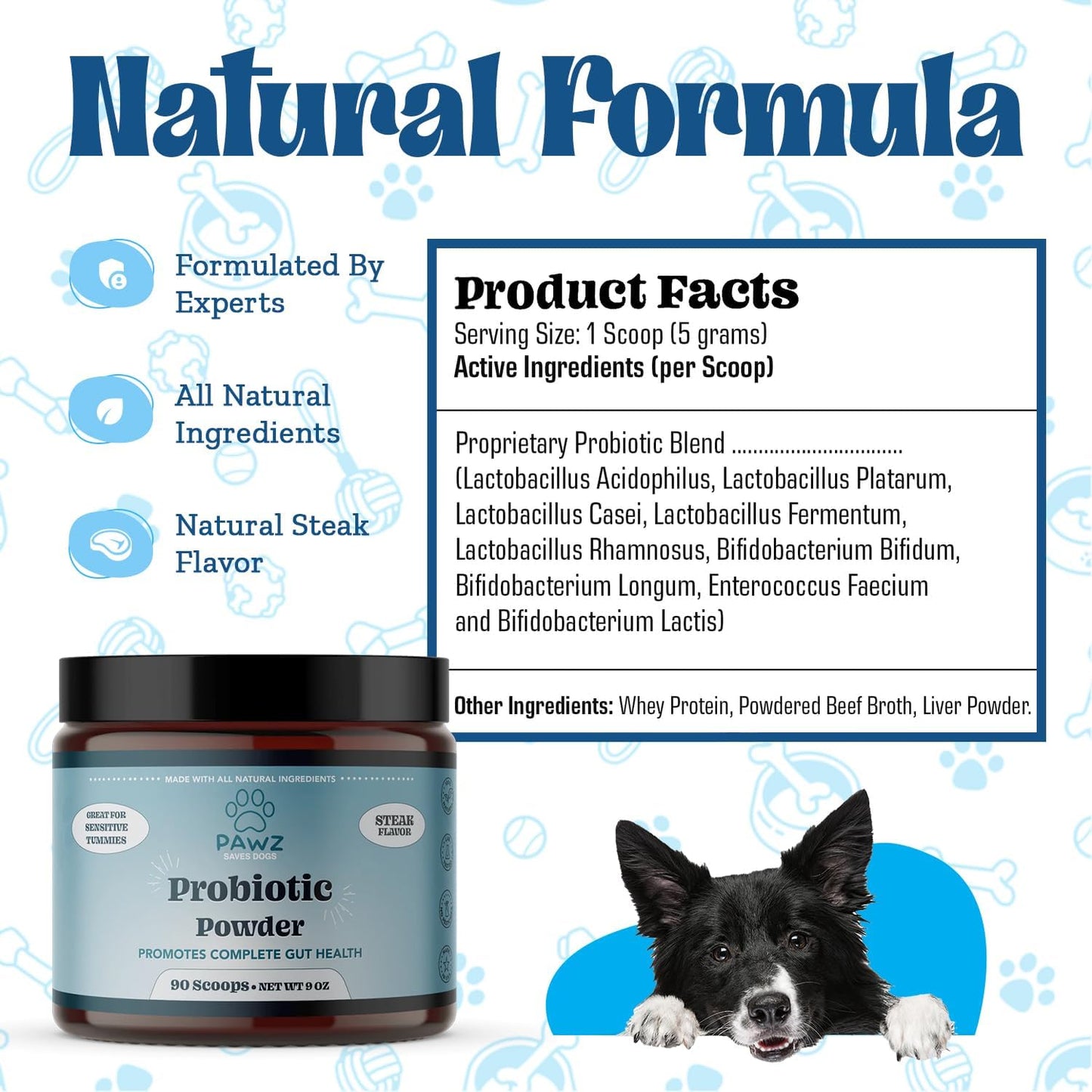 Steak Flavored Probiotic Powder for Dogs - 90 Scoops - Supports Gut Health, Digestion, Immune System, Skin, and Coat - All Dog Breeds