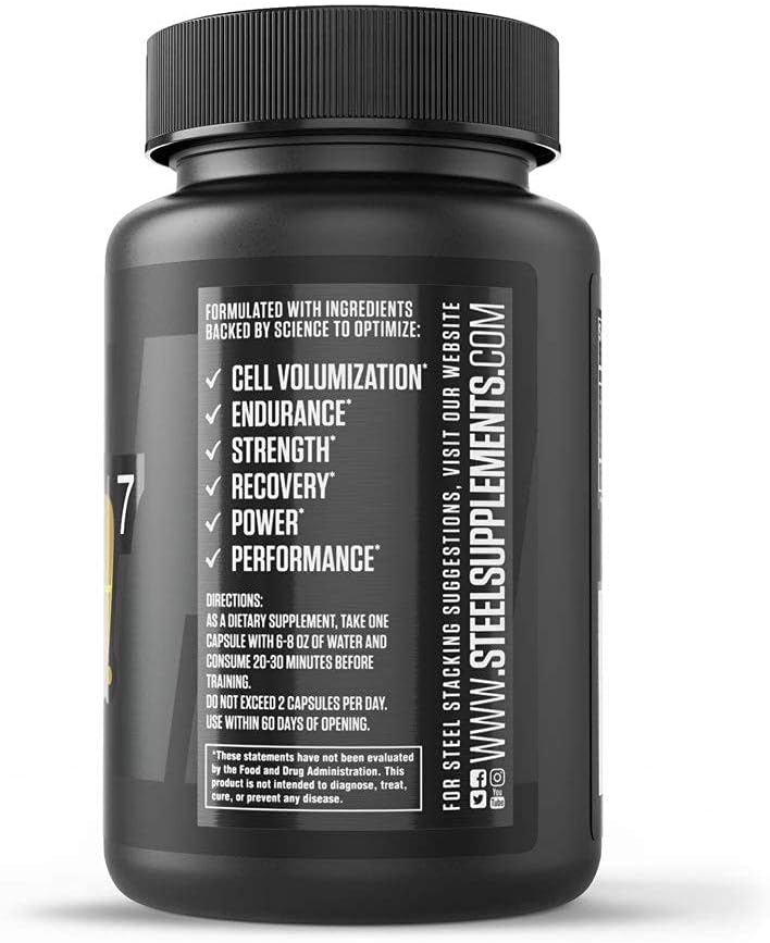 Steel Supplements N.O.7 Nitric Oxide Formula for Blood Flow and Vascular Support - 30 Capsules