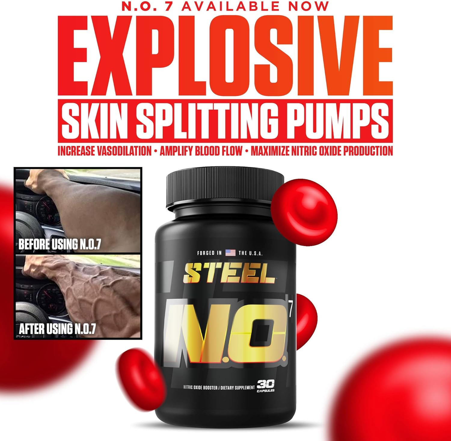 Steel Supplements N.O.7 Nitric Oxide Formula for Blood Flow and Vascular Support - 30 Capsules