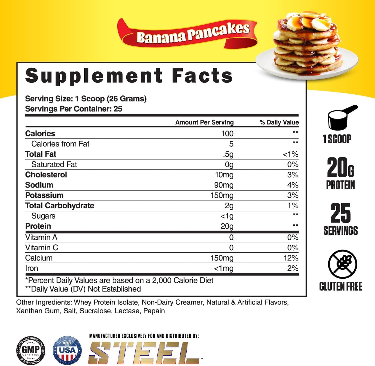 Steel Supplements Whey-Iso Protein Powder - Fast Absorbing Whey Isolate for Lean Muscle Growth - Gluten Free, Low Carb, Easy Digestion - Banana Pancakes Flavor - 25 Servings