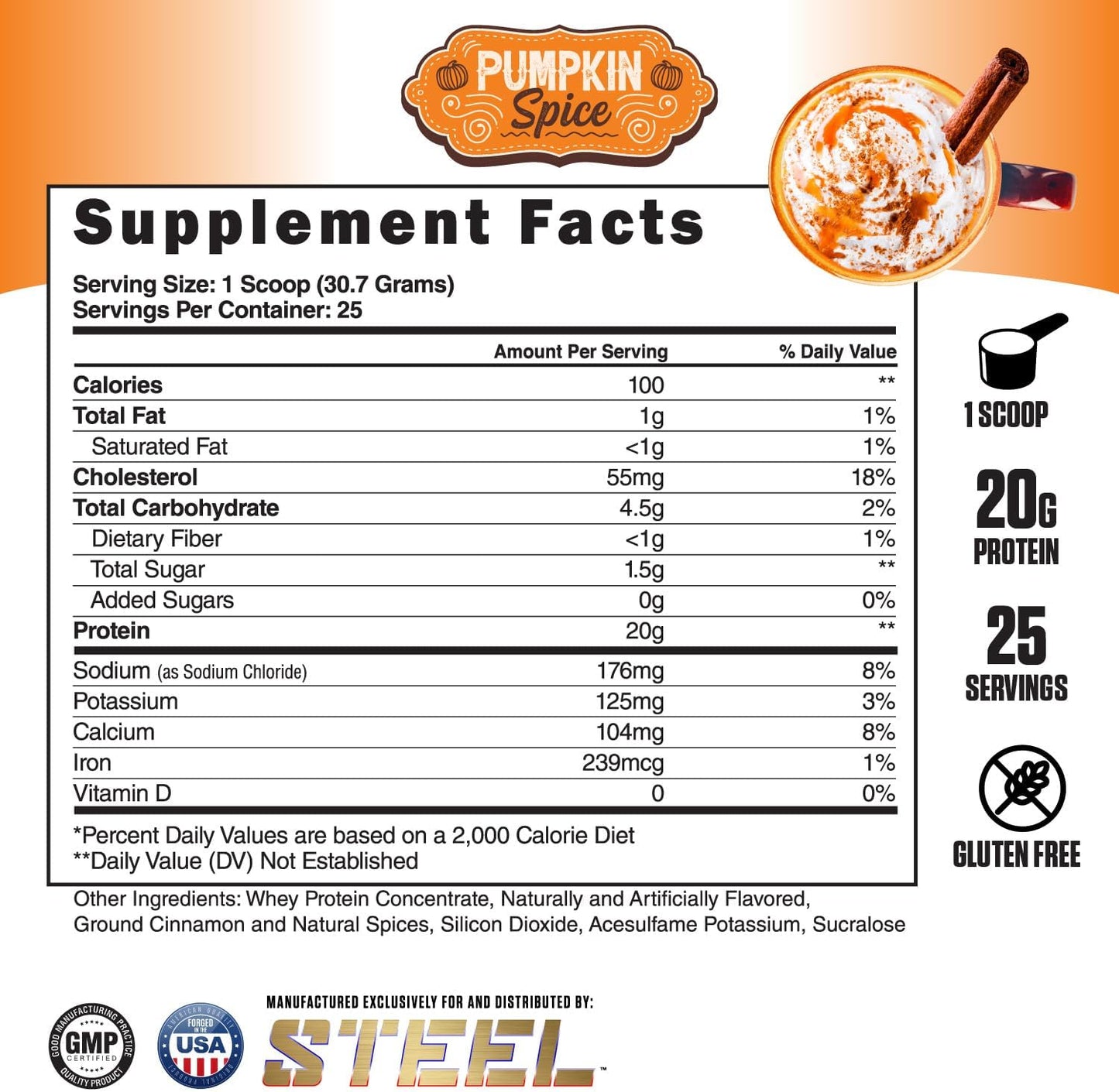 Steel Supplements Whey-Pro Pumpkin Spice Protein Powder - 1.65 lbs, 100% Pure Whey for Muscle Gain & Recovery - Gluten Free, Non-GMO, 25 Servings