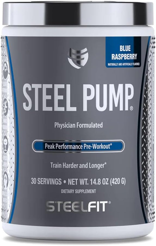SteelFit Steel Pump Pre Workout Powder - Blue Raspberry Flavor, 30 Servings - Nitric Oxide Supplement for Muscle Building & Recovery - Includes Peak ATP, Ashwagandha, & Electrolytes