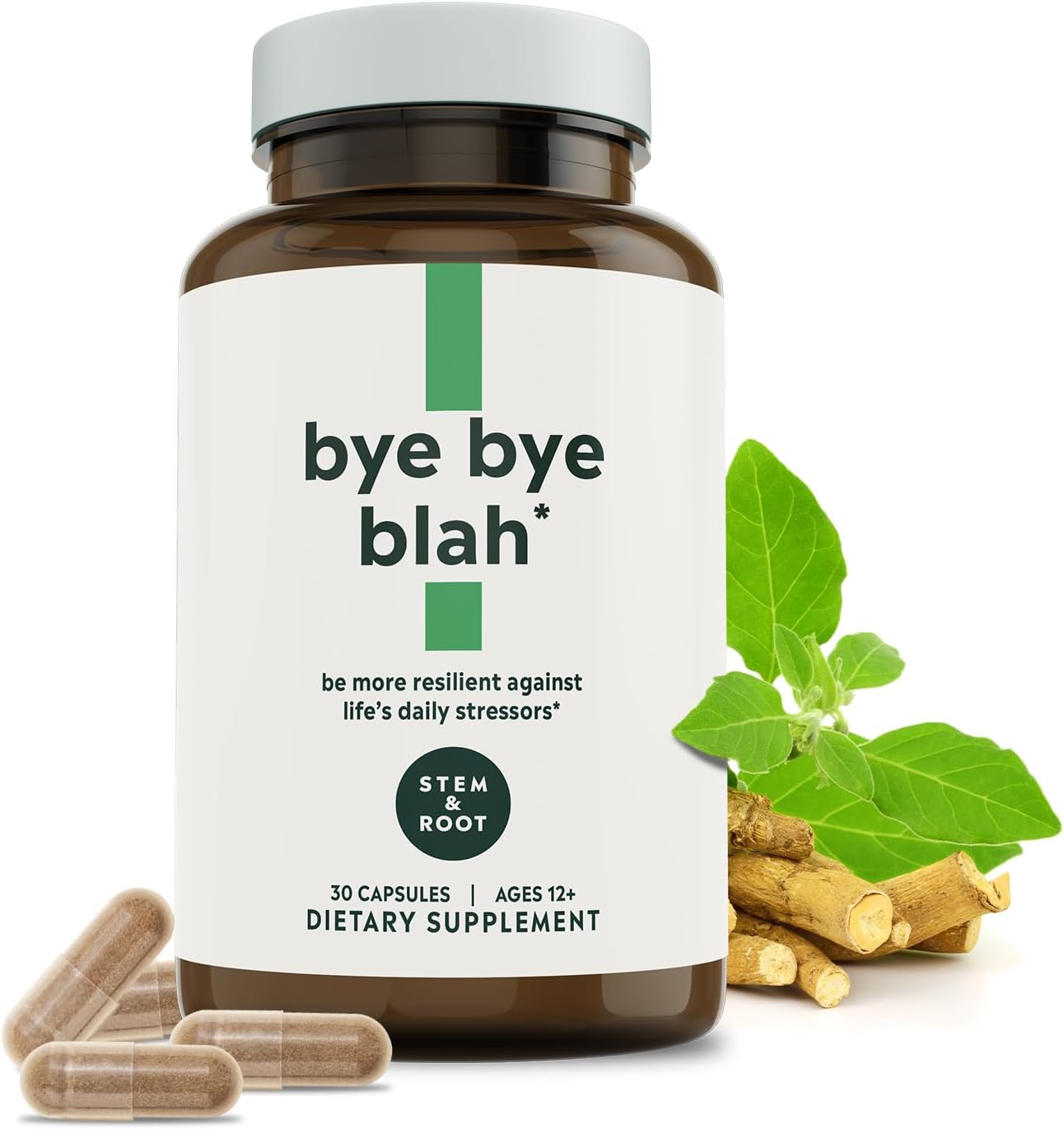 Stem & Root™ Bye Bye Blah Capsules | Probiotic, Digestive Enzymes, Ashwagandha | 1 Billion CFUs | Boost Mood, Energy, Immunity | 30 Capsules