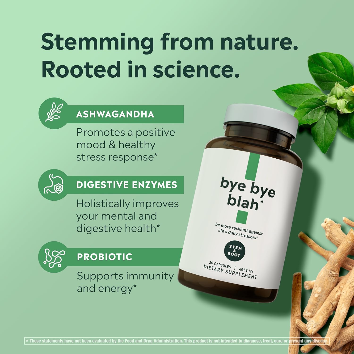 Stem & Root™ Bye Bye Blah Capsules | Probiotic, Digestive Enzymes, Ashwagandha | 1 Billion CFUs | Boost Mood, Energy, Immunity | 30 Capsules