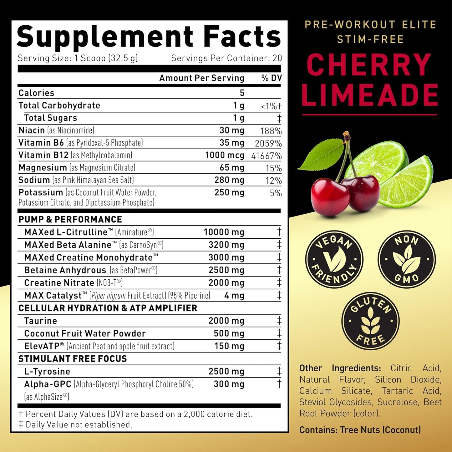 Stim-Free Pre-Workout Powder with L-Citrulline, Beta Alanine, and Creatine - Power, Stamina, Focus - Cherry Limeade Flavor - 20 Servings