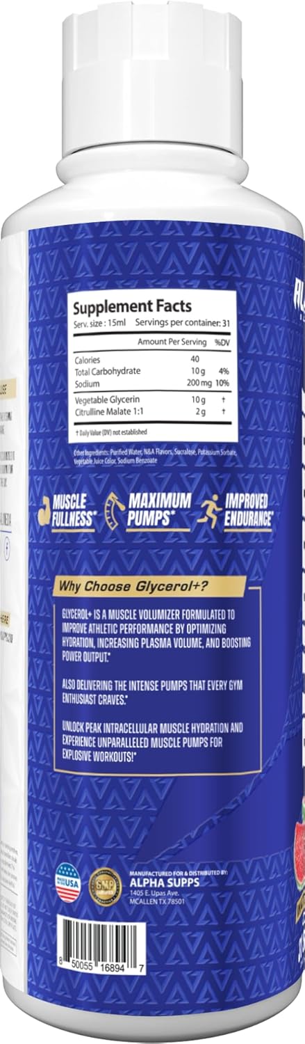 Stimulant-Free Liquid Glycerol & Citrulline Supplement for Hydration & Endurance - Alpha Supps Glycerol+ Liquid Formula (Watermelon Candy, 31 Servings)
