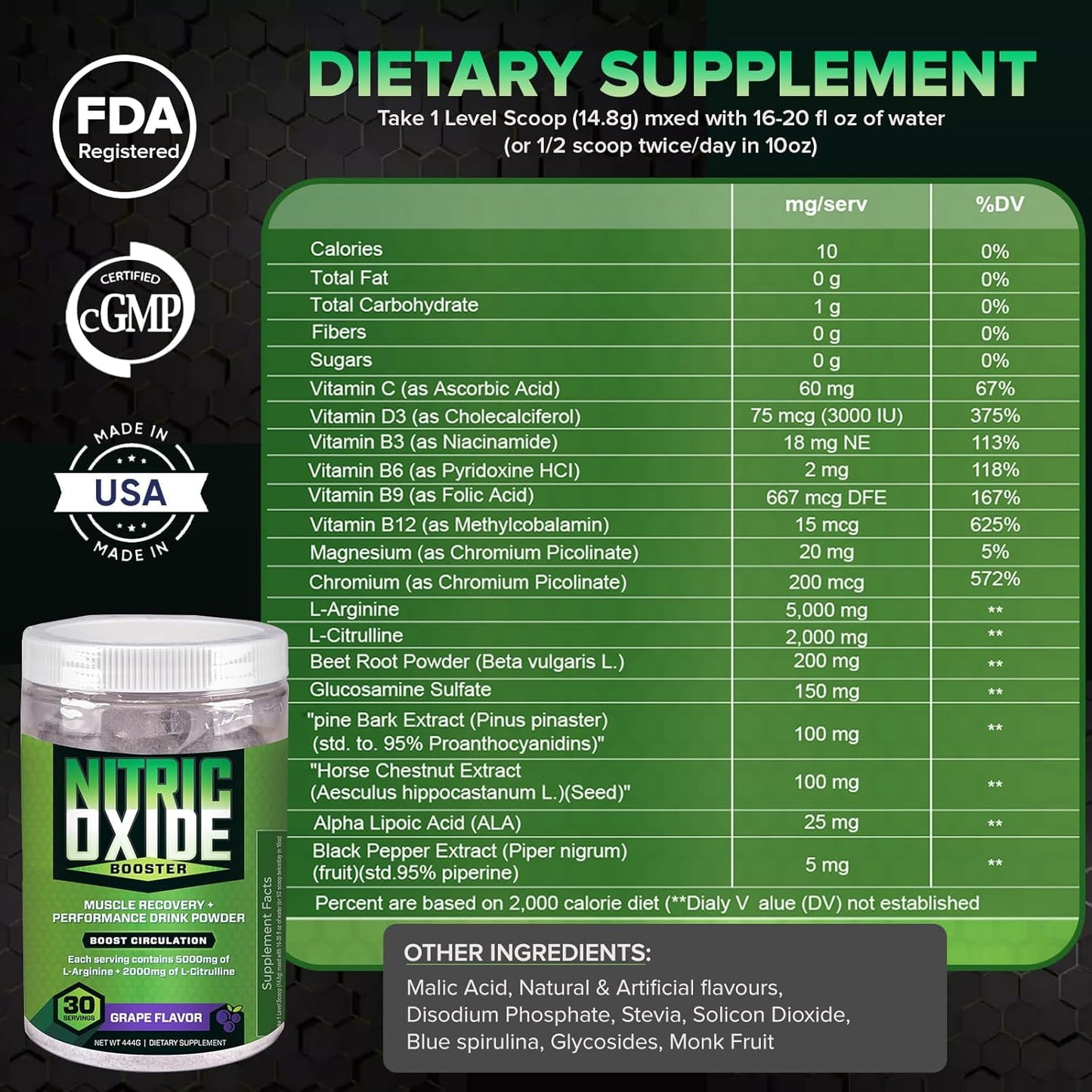 Stimulant-Free Nitric Oxide Booster Pre-Workout Powder with L-Arginine & L-Citrulline - Grape Flavor - 30 Servings