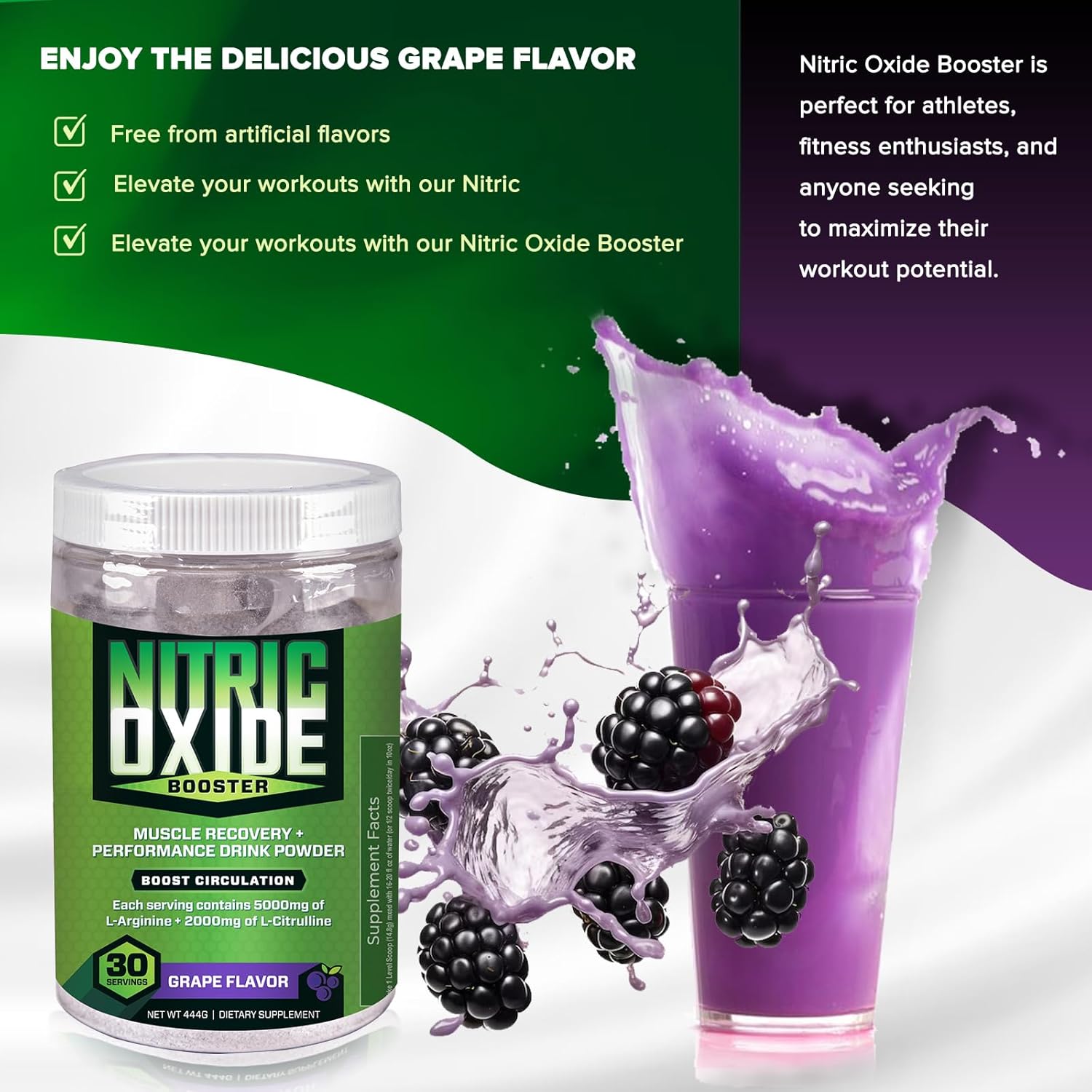 Stimulant-Free Nitric Oxide Booster Pre-Workout Powder with L-Arginine & L-Citrulline - Grape Flavor - 30 Servings