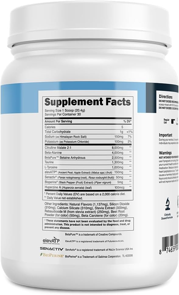 Stimulant-Free Pre-Workout Powder for Men and Women - Beta Alanine, Citrulline Malate, elevATP - 30 Servings - Tropical Punch Flavor