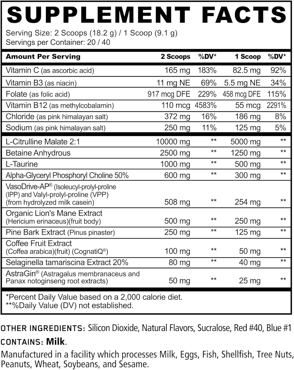 Stimulant-Free Pre-Workout with L-Citrulline Malate, Alpha GPC, Lions Mane - 40 Scoops (Sweet Black Cherry)
