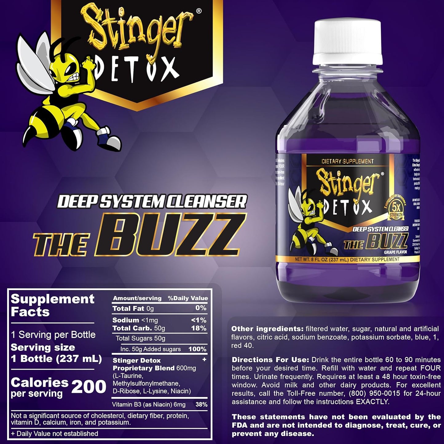 Stinger Detox Buzz 5X Grape Flavor Extra Strength Drink - 16 FL OZ (2 Pack)