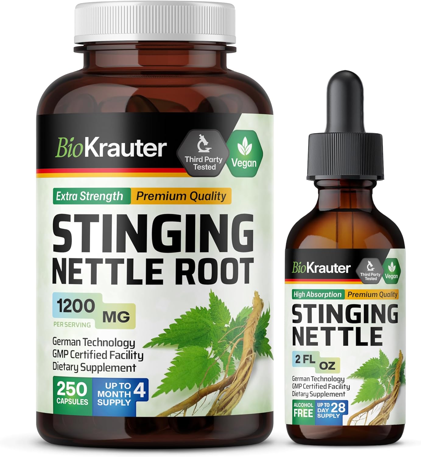 Stinging Nettle Supplement Bundle: 250 Capsules & 2 Fl. Oz. Tincture by BIO KRAUTER