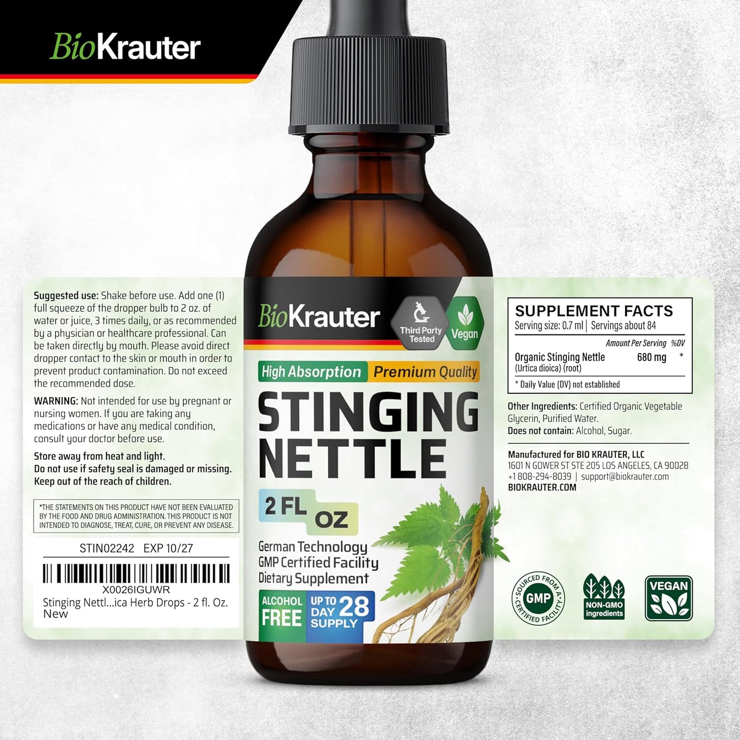 Stinging Nettle Supplement Bundle: 250 Capsules & 2 Fl. Oz. Tincture by BIO KRAUTER