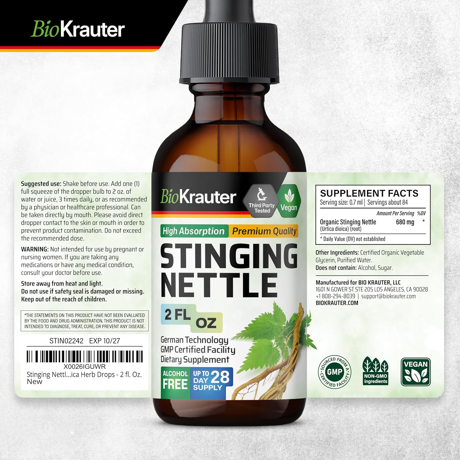 Stinging Nettle Supplement Bundle: 250 Capsules & 2 Fl. Oz. Tincture by BIO KRAUTER
