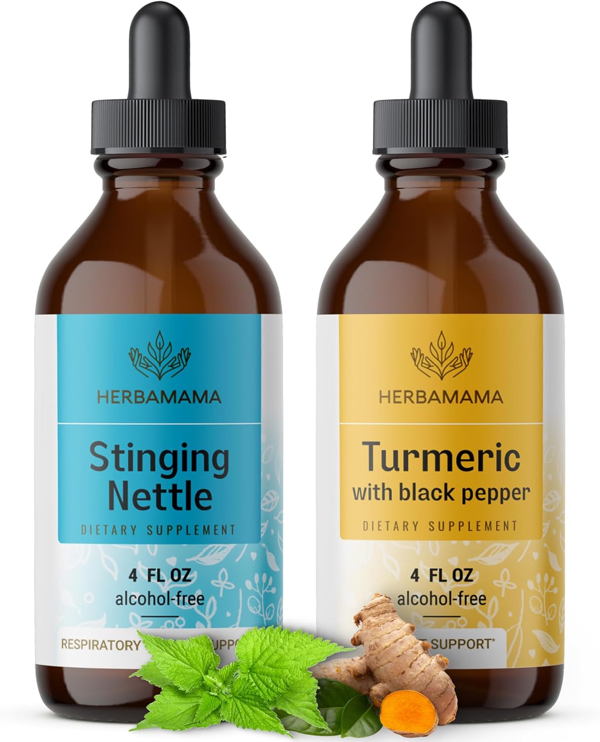 Stinging Nettle & Turmeric Curcumin Herbal Liquid Drops - 2 Pack Bundle - Vegan, Non-GMO, Sugar & Alcohol-Free - 4 fl oz each