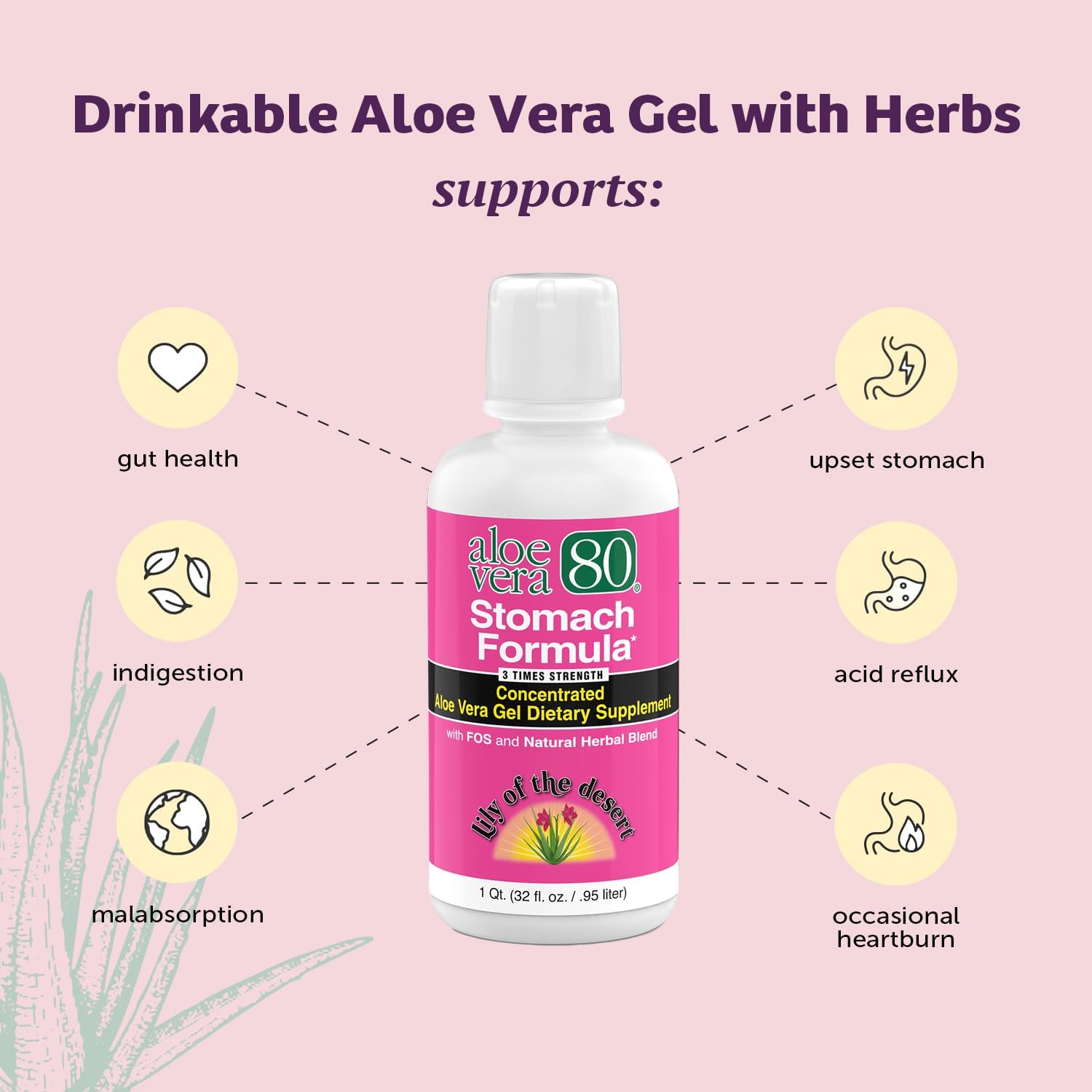 Stomach Formula Aloe Vera Gel Juice with Herbs for Gut Health - Heartburn Relief 32 Oz (Pack of 3)