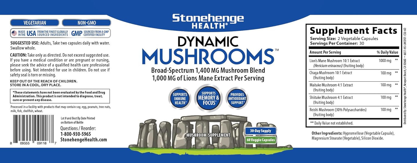 Stonehenge Health Dynamic Mushrooms - 100% Fruiting Bodies & Extracts - Nootropic Brain & Immune Support - Lion’s Mane, Chaga, Maitake, Shiitake, Reishi - 60 Capsules