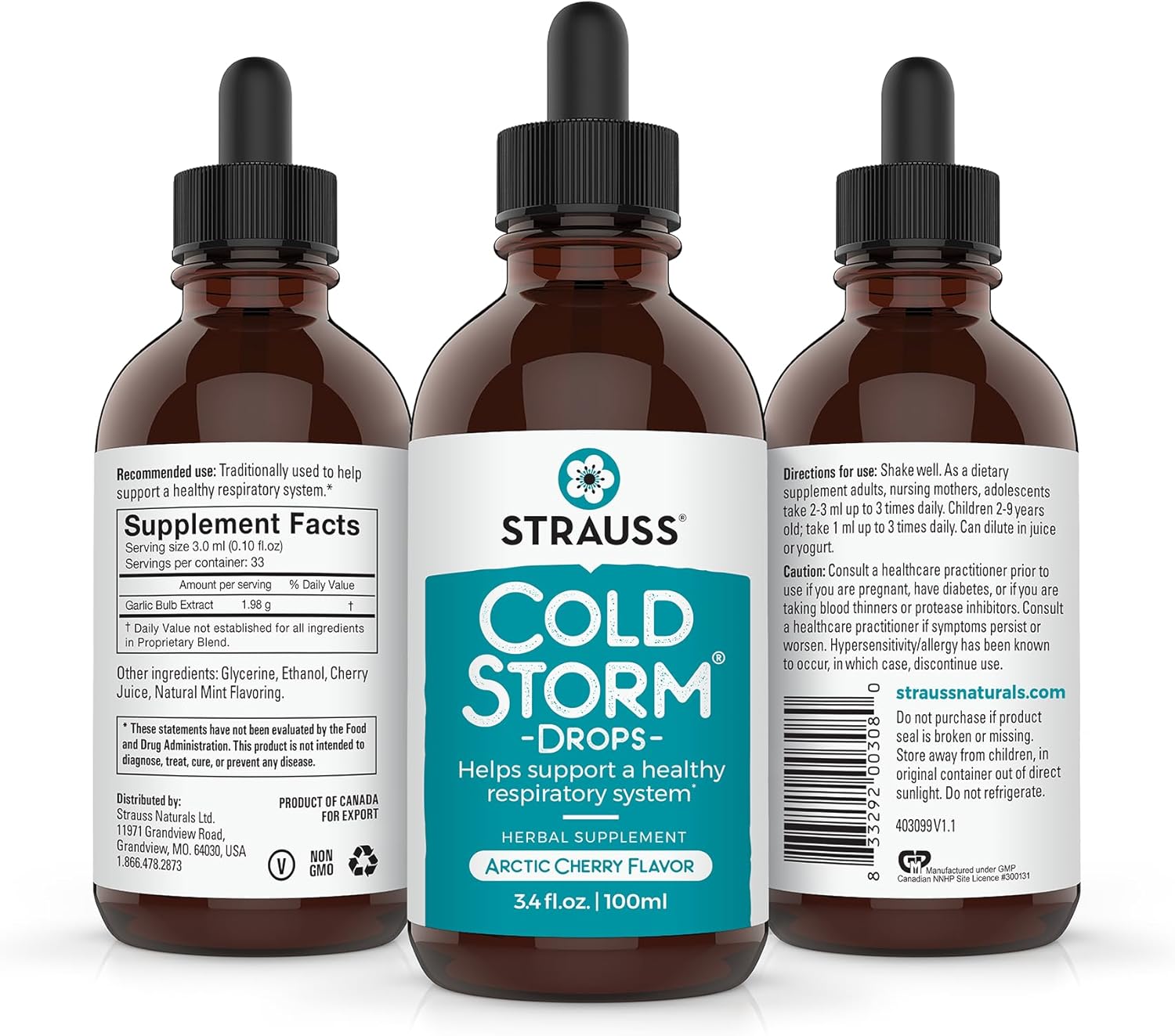 Strauss Naturals Coldstorm Drops - Immune & Respiratory Support with Arctic Cherry - 3.4 fl oz