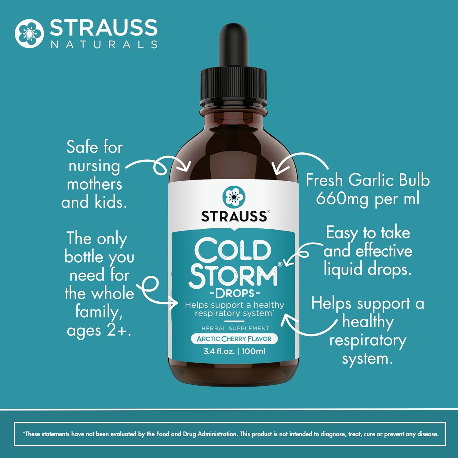 Strauss Naturals Coldstorm Drops - Immune & Respiratory Support with Arctic Cherry - 3.4 fl oz