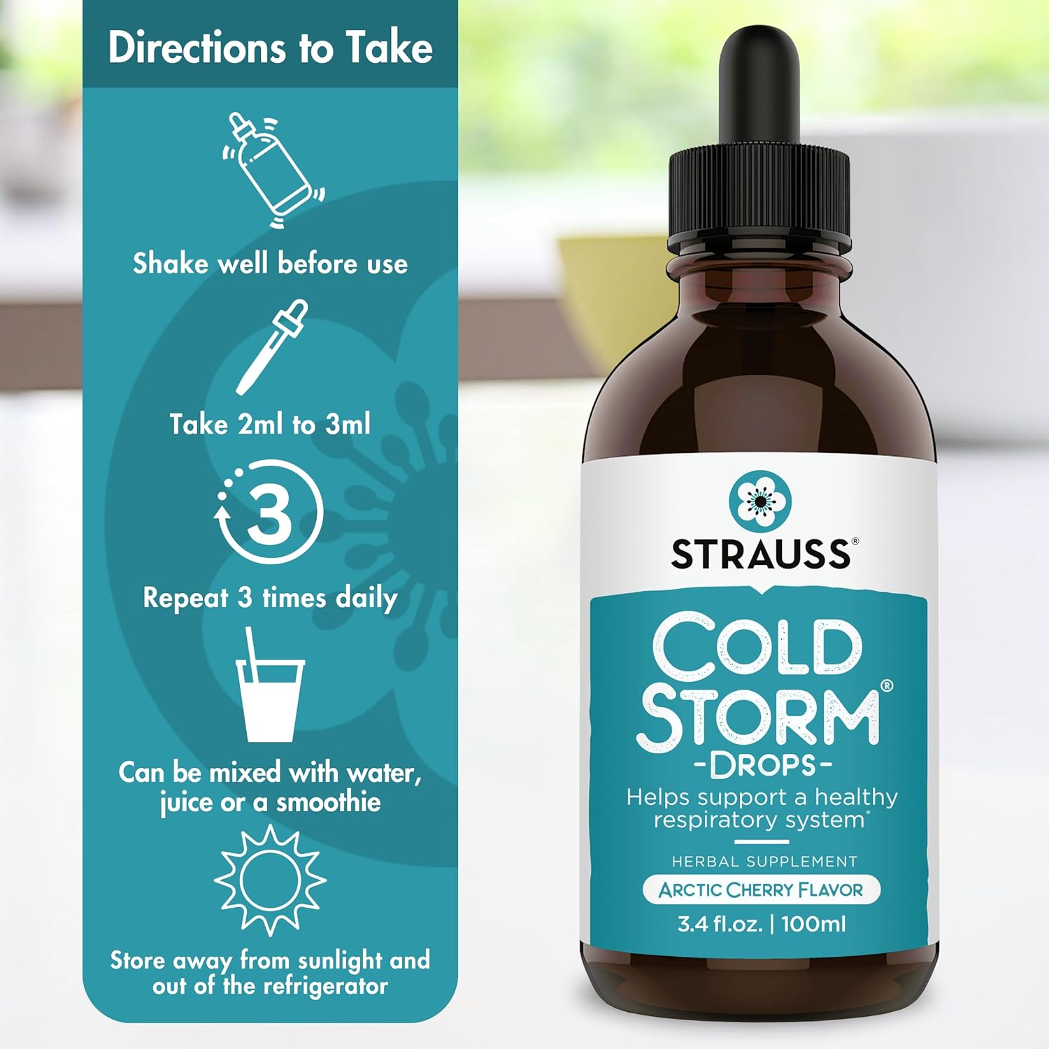 Strauss Naturals Coldstorm Drops - Immune & Respiratory Support with Arctic Cherry - 3.4 fl oz