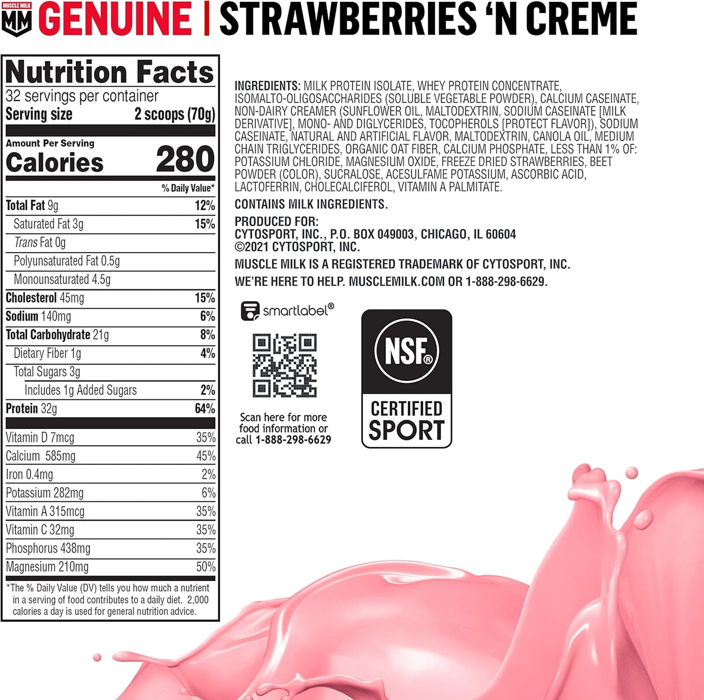 Strawberries 'N Crème Muscle Milk Genuine Protein Powder - 32g Protein, 4.94 Pound Size