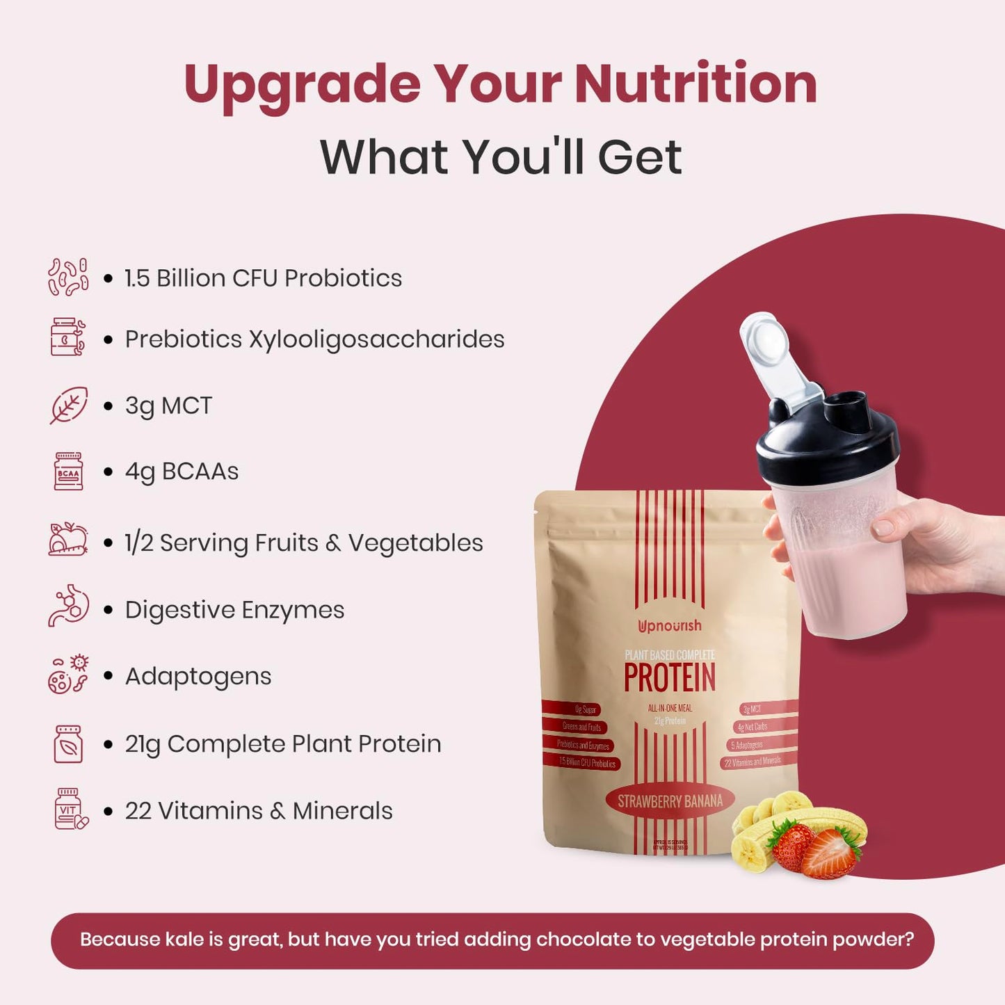 Strawberry Banana Vegan Protein Powder with Superfoods, Probiotics, and Plant-Based Protein - Dairy-Free and Keto-Friendly Meal Replacement Shake (15 Servings)