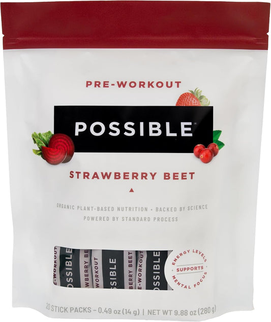 Strawberry Beet Pre-Workout Sticks with B-Vitamins & Green Tea Caffeine Extract - 20 Individually Wrapped Servings