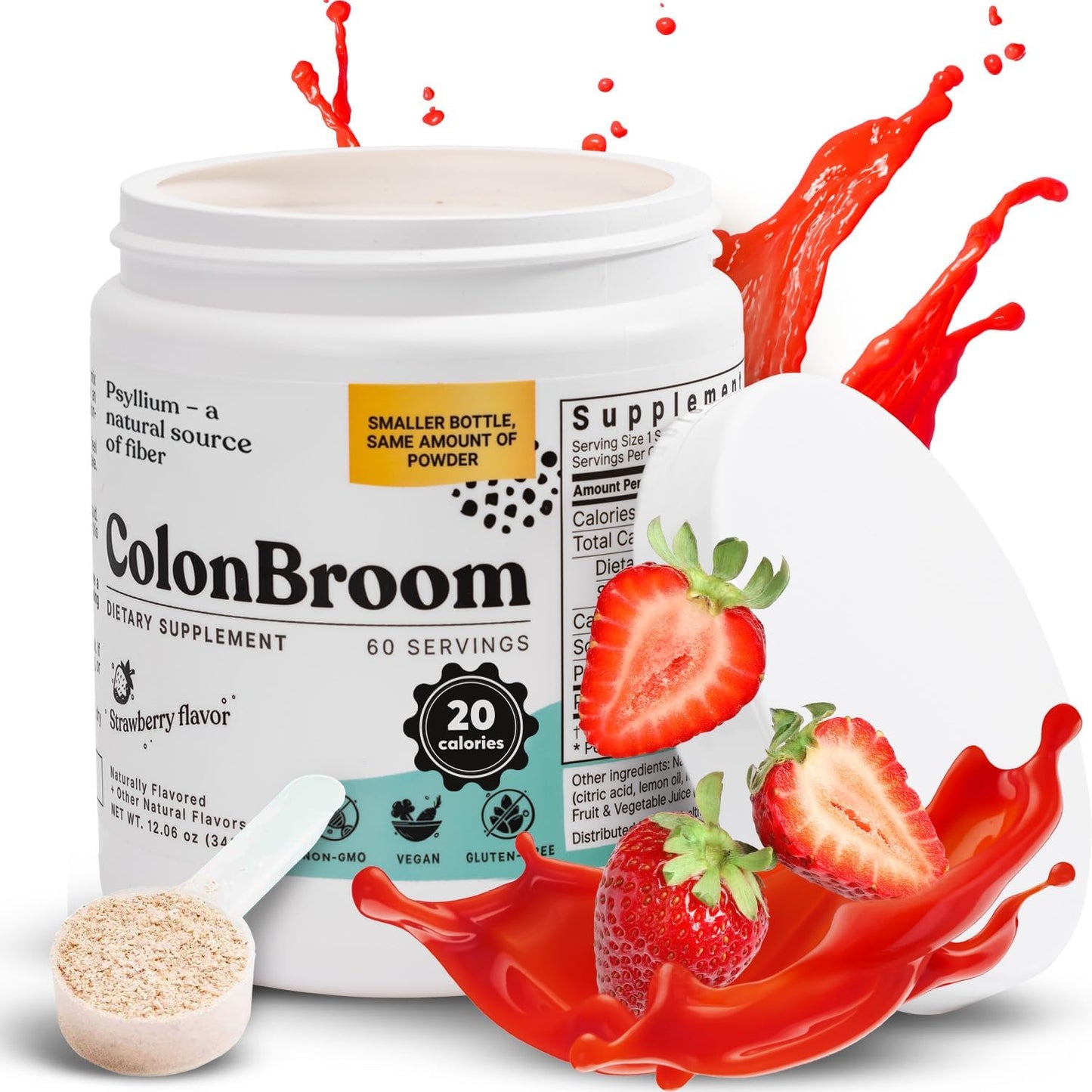 Strawberry ColonBroom Psyllium Husk Powder - Bloating Relief & Gut Health Supplement - Vegan & Gluten Free Fiber Drink - 60 Servings