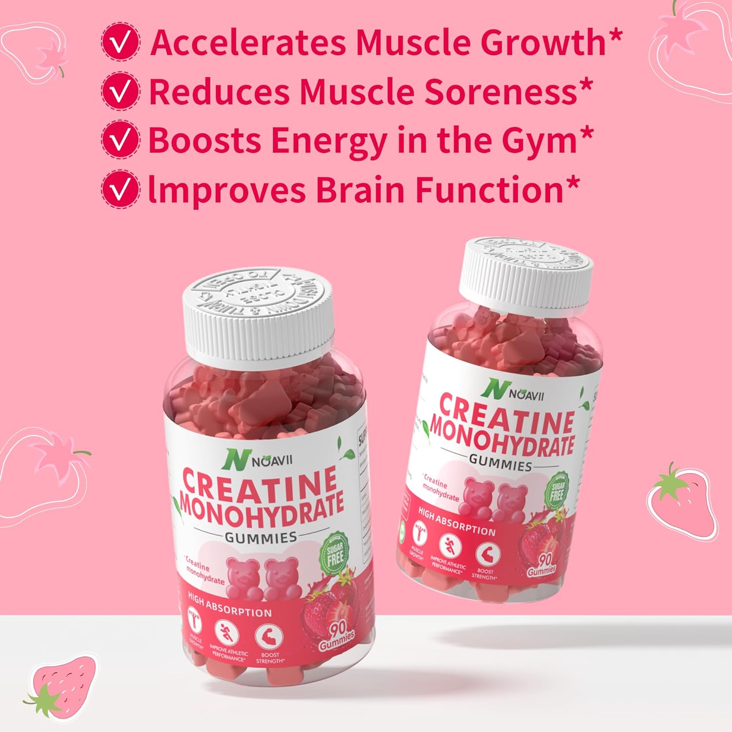 Strawberry Creatine Gummies 5000mg for Muscle Strength and Energy Boost - 180 Chewables for Men & Women