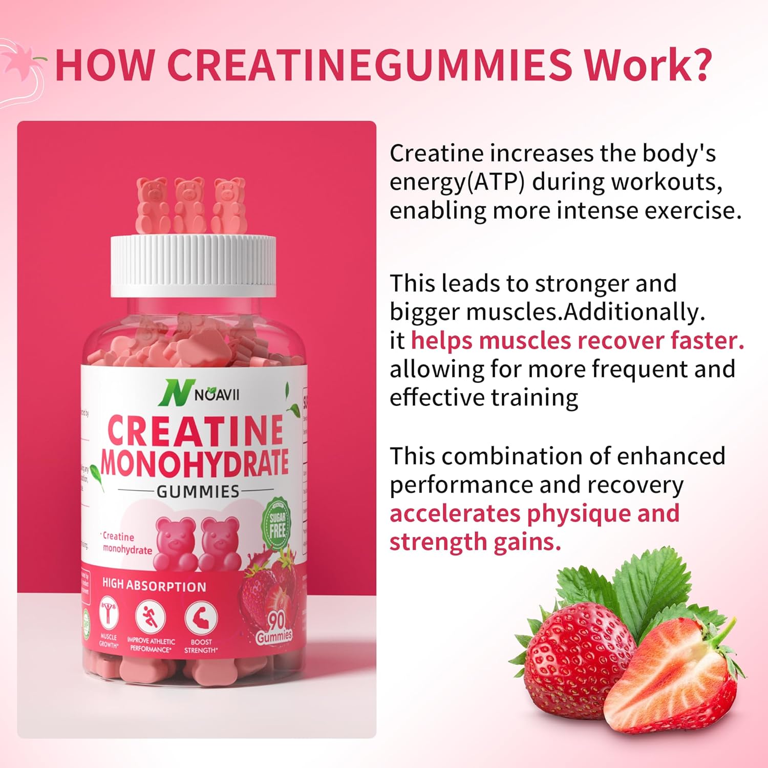 Strawberry Creatine Gummies 5000mg for Muscle Strength and Energy Boost - 180 Chewables for Men & Women