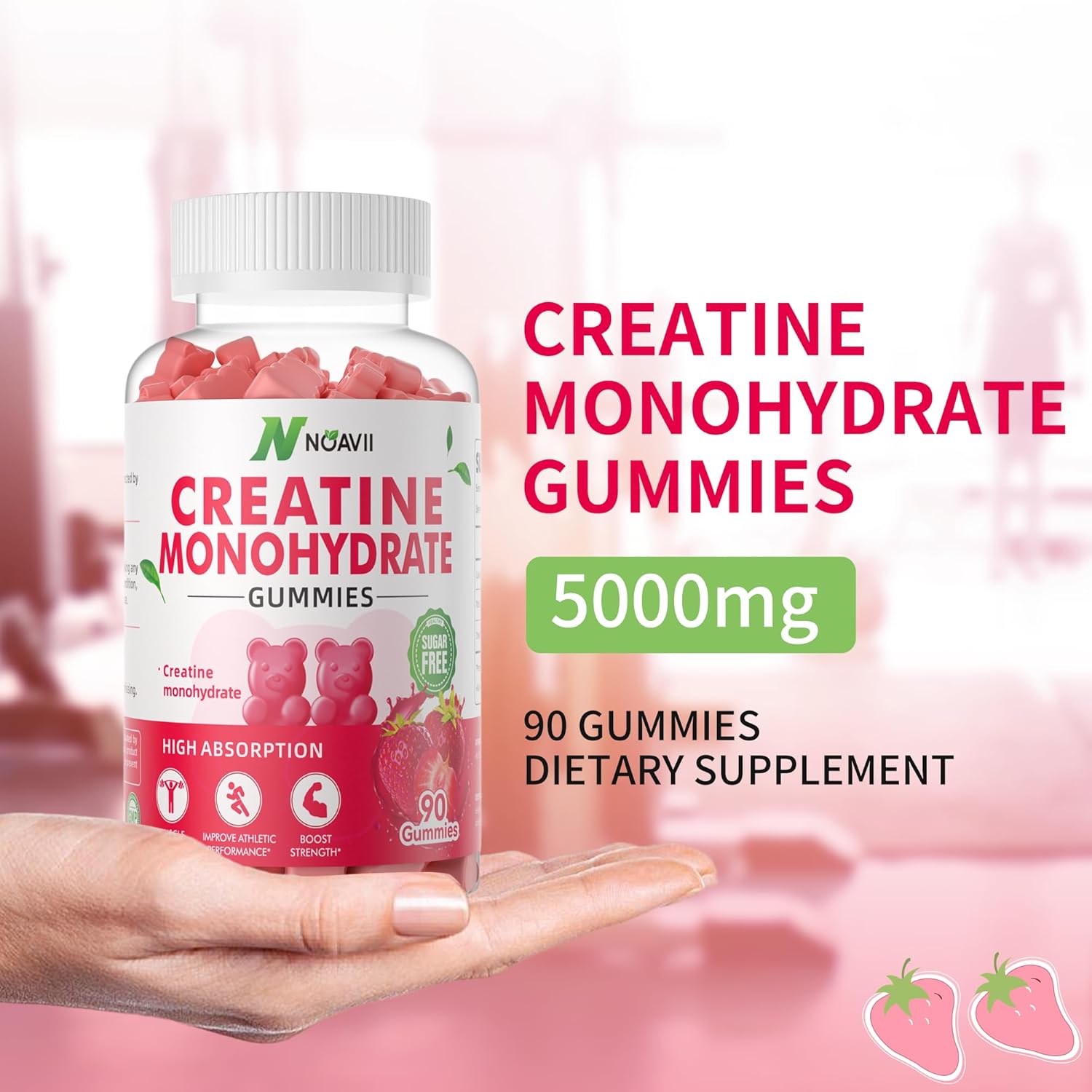 Strawberry Creatine Gummies 5000mg for Muscle Strength and Energy Boost - 180 Chewables for Men & Women