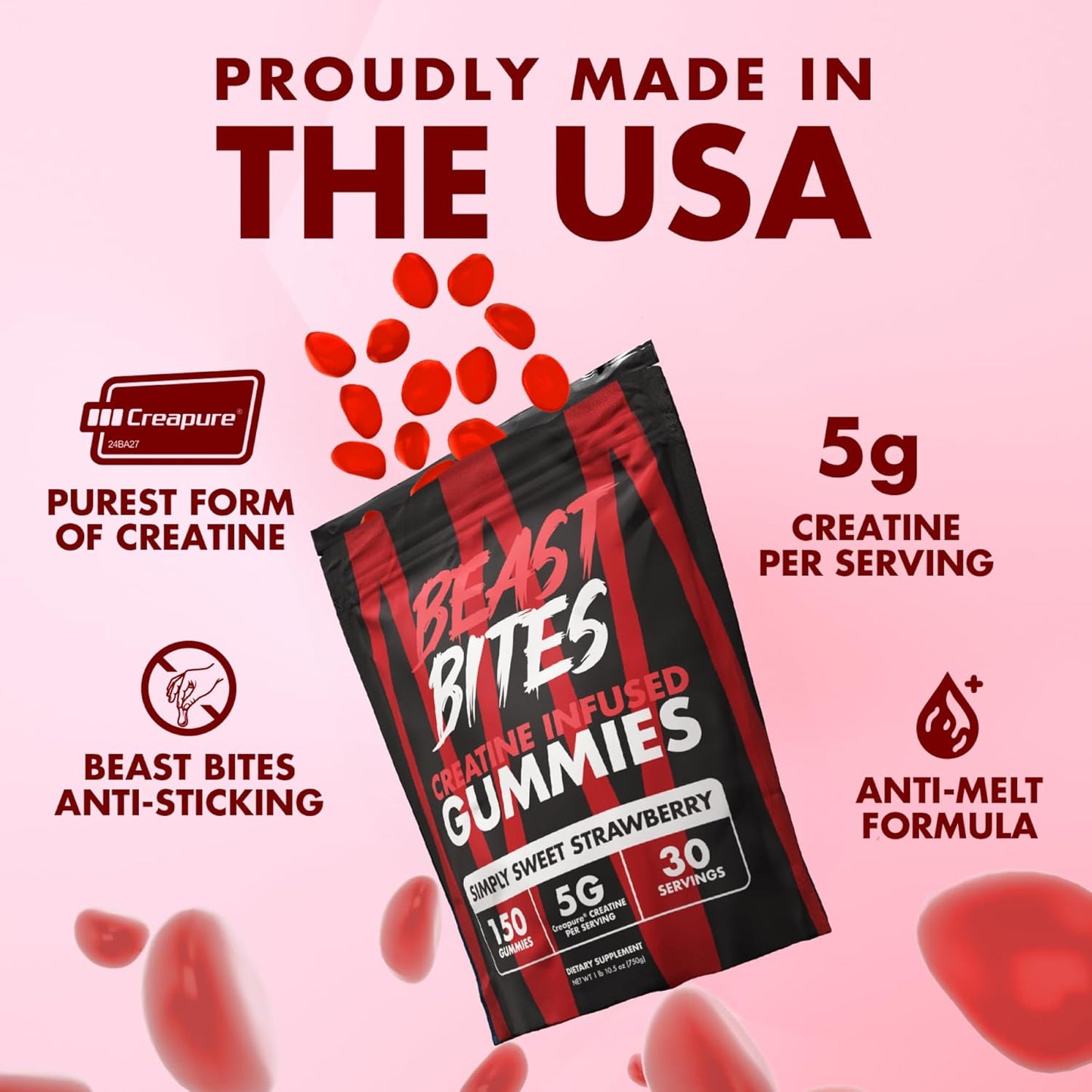Strawberry Flavor Creatine Gummies - 5g Creatine Monohydrate Per Serving - Low-Calorie & Vegan - 30 Servings - Made in USA