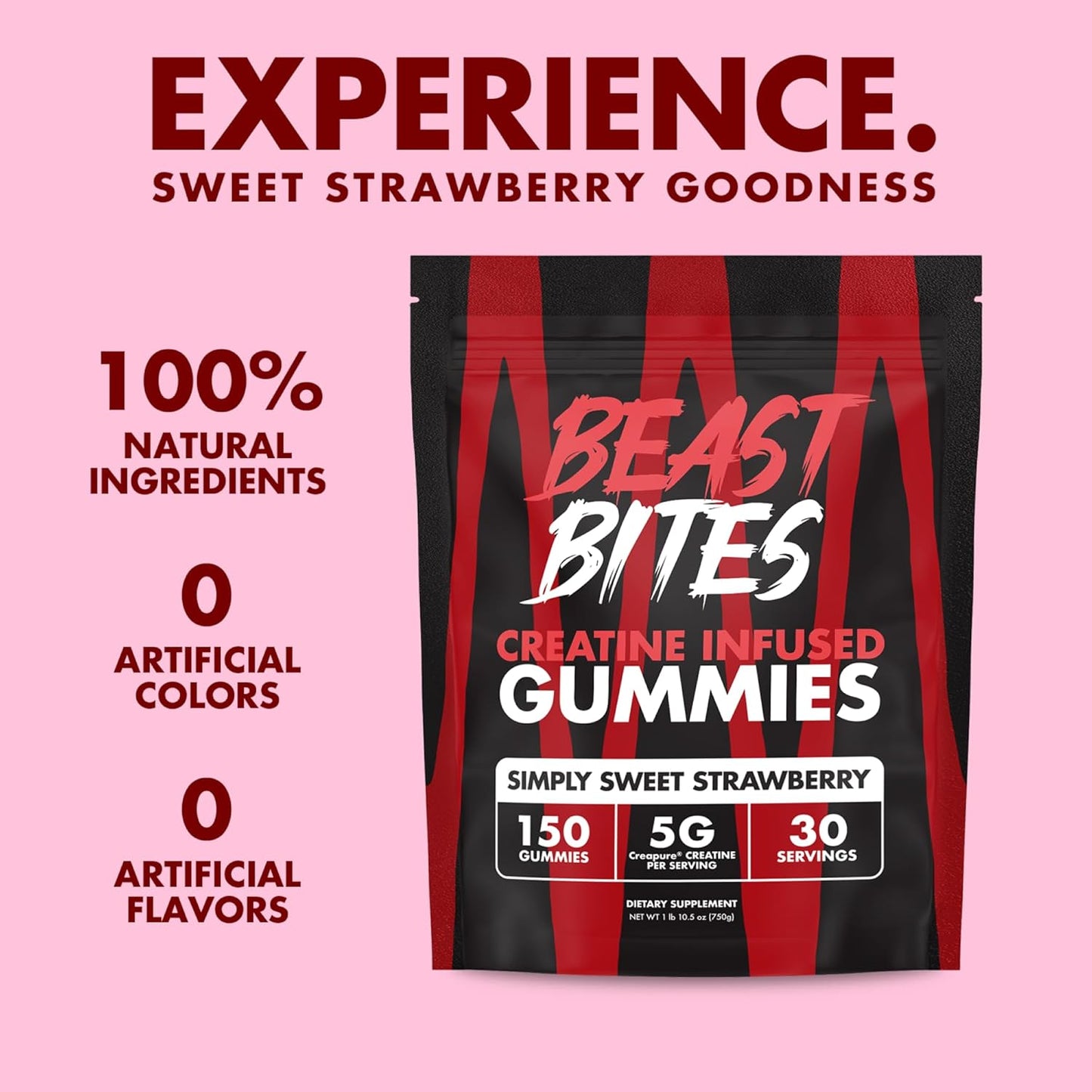 Strawberry Flavor Creatine Gummies - 5g Creatine Monohydrate Per Serving - Low-Calorie & Vegan - 30 Servings - Made in USA