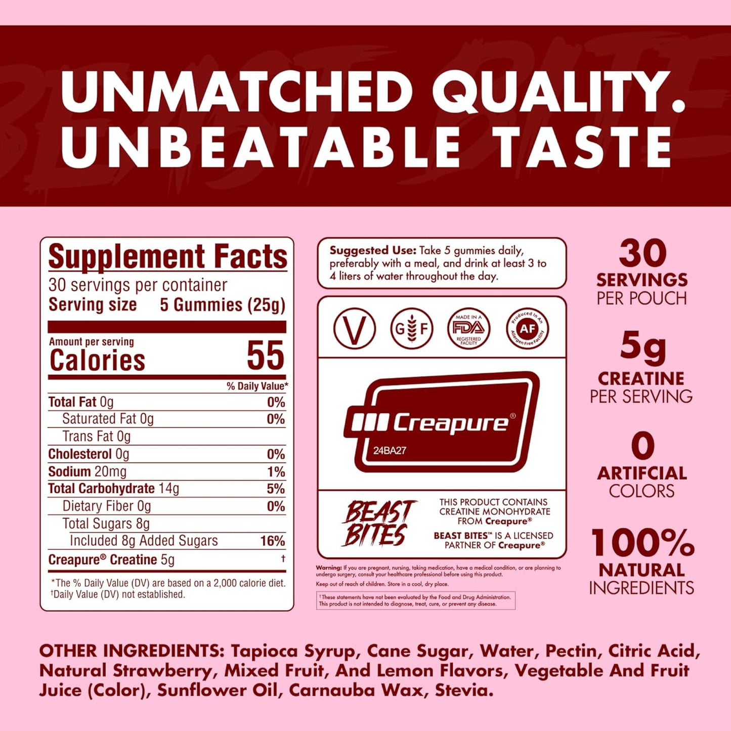 Strawberry Flavor Creatine Gummies - 5g Creatine Monohydrate Per Serving - Low-Calorie & Vegan - 30 Servings - Made in USA